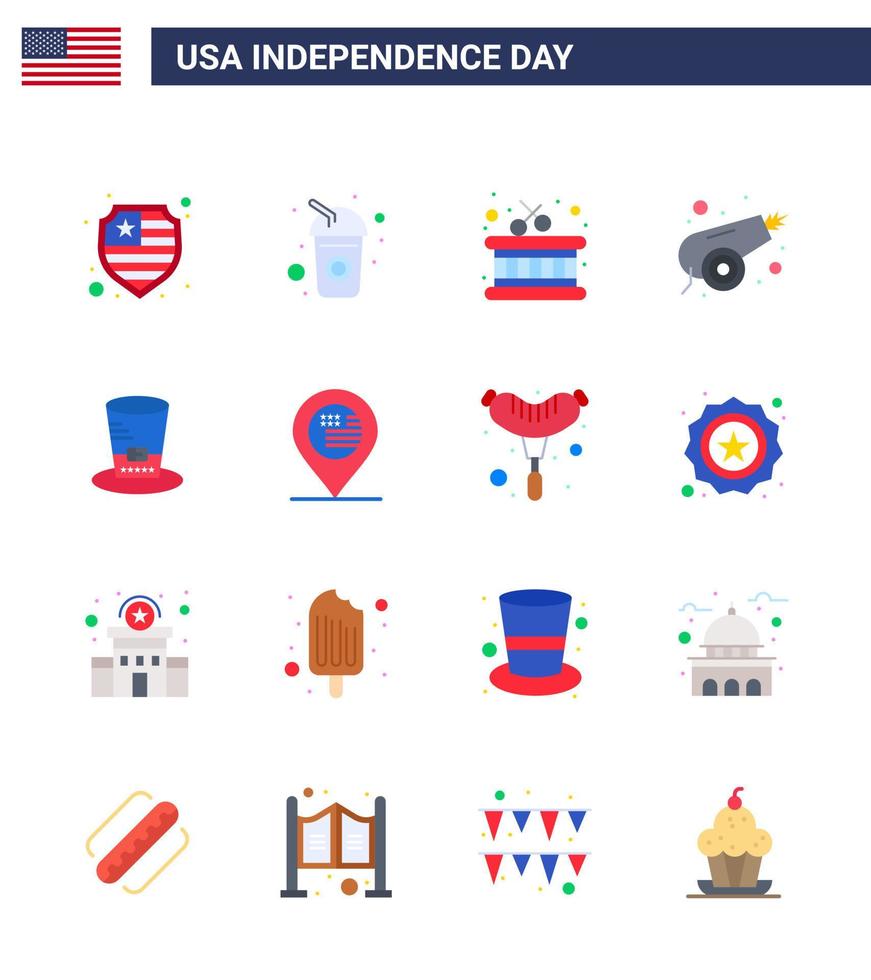 usa joyeux jour de l'indépendance ensemble de pictogrammes de 16 plats simples des états-unis chapeau instrument jour guerre modifiable usa jour vecteur éléments de conception