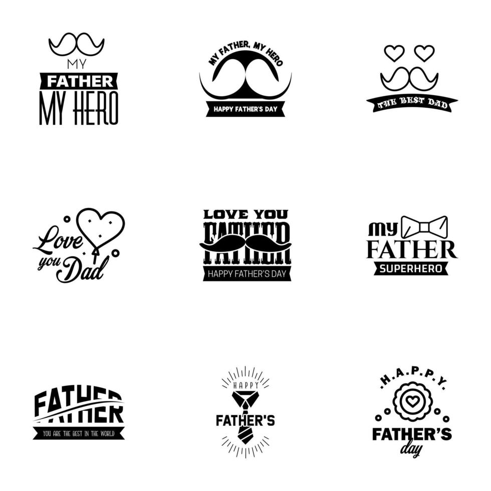 bonne fête des pères voeux main lettrage badges 9 noir faute de frappe isolé sur blanc typographie modèle de conception pour affiche bannière carte cadeau t shirt impression étiquette autocollant rétro vintage style vecteur il