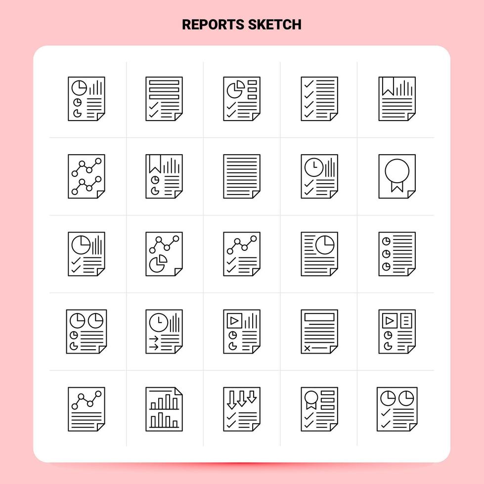 contour 25 rapports croquis jeu d'icônes vecteur ligne style conception icônes noires ensemble linéaire pictogramme pack web et mobile idées d'affaires conception illustration vectorielle