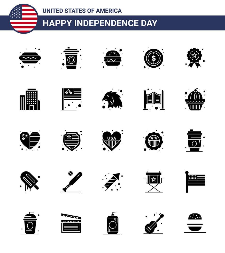 groupe de 25 glyphes solides définis pour le jour de l'indépendance des états-unis d'amérique tels que la médaille independece fast food vacances dollar modifiable usa day vector design elements