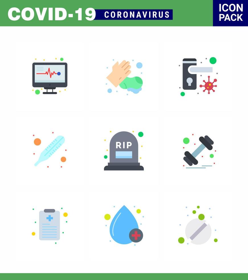 virus corona 2019 et 2020 épidémie 9 pack d'icônes de couleur plate comme rip grave verrouillé compter la température coronavirus viral 2019nov éléments de conception de vecteur de maladie