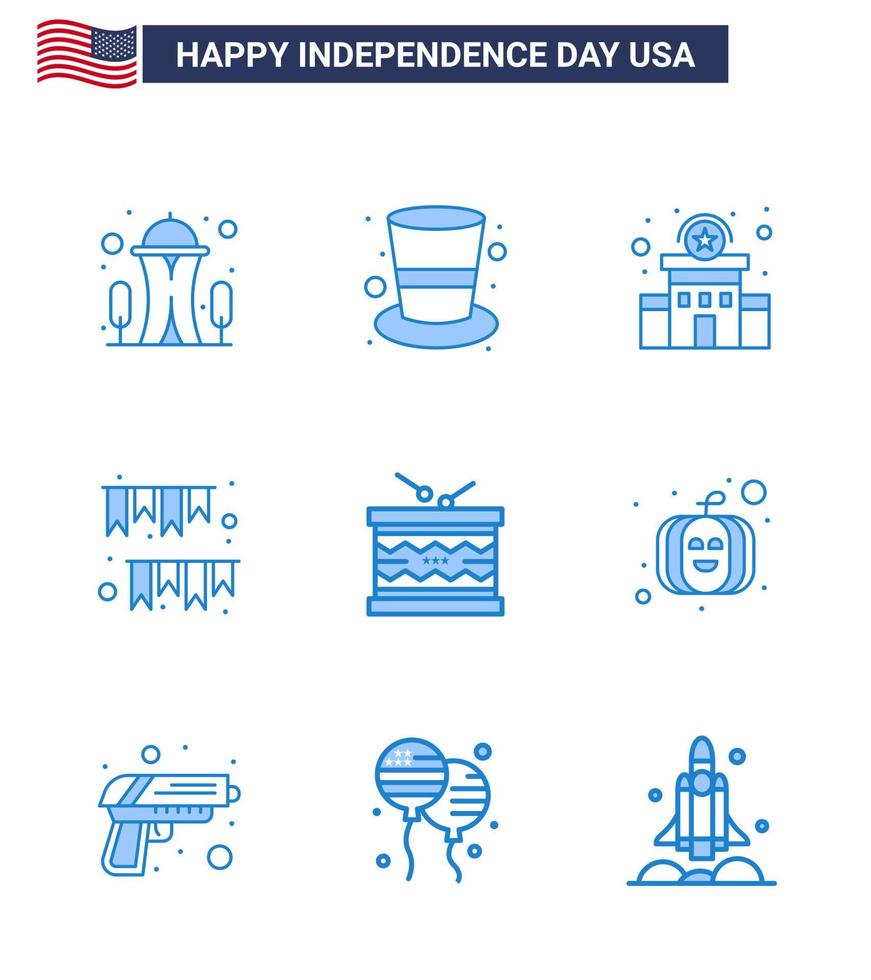 4 juillet usa joyeux jour de l'indépendance icône symboles groupe de 9 blues moderne de tambour décoration bâtiment bruants jour américain modifiable usa day vector design elements