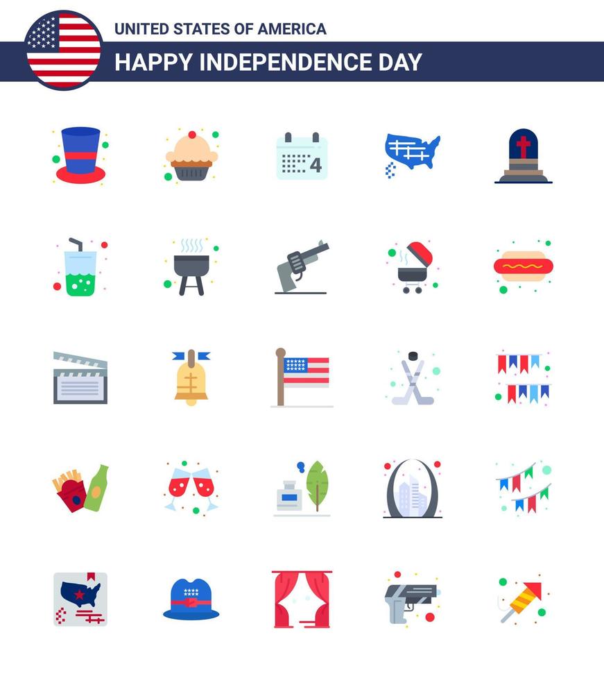 usa joyeux jour de l'indépendancepictogramme ensemble de 25 appartements simples de pierre tombale jour de la mort usa états modifiables usa day vector design elements