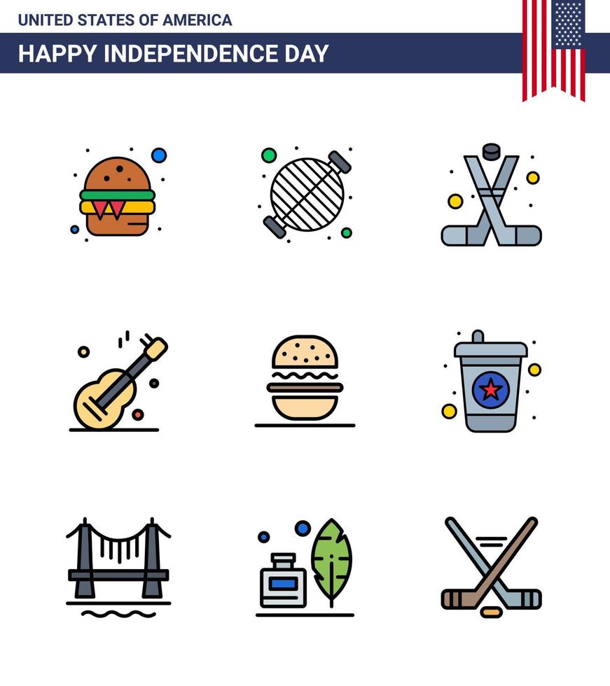 pack de 9 lignes créatives de fête de l'indépendance des états-unis liées à la fête de la musique américaine guiter américain modifiable usa day vector design elements