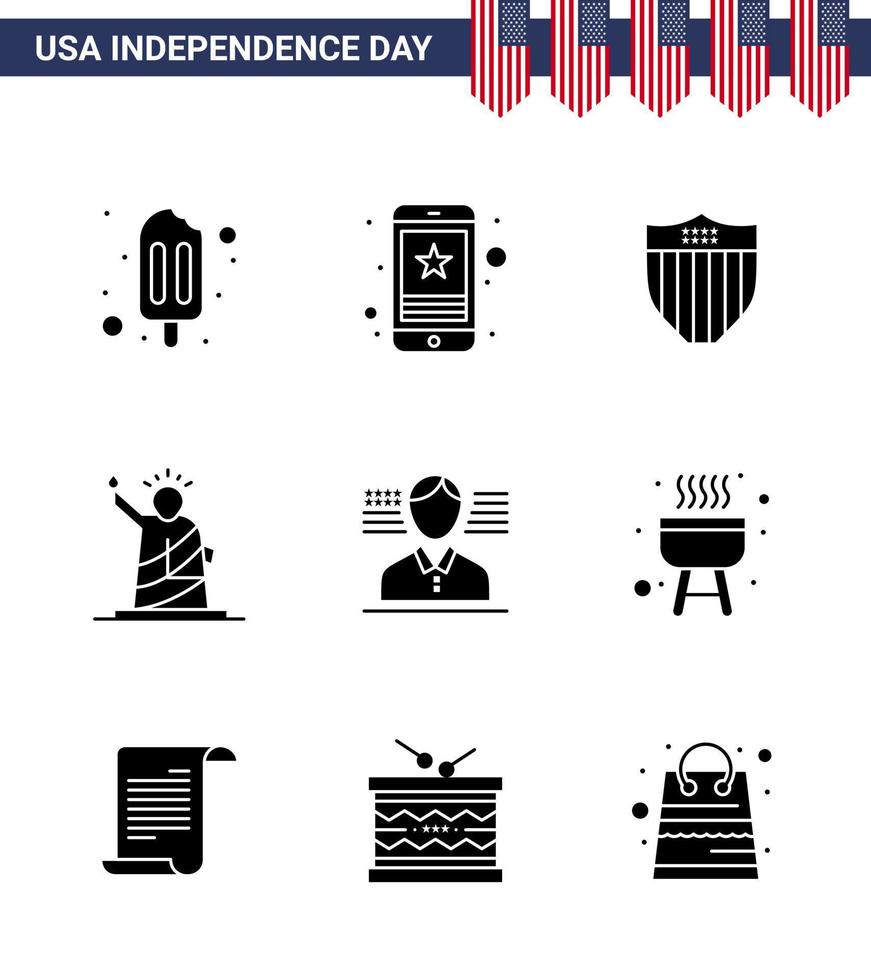 groupe de 9 glyphes solides définis pour le jour de l'indépendance des états-unis d'amérique tels que la statue de l'homme américain des points de repère modifiables usa day vector design elements