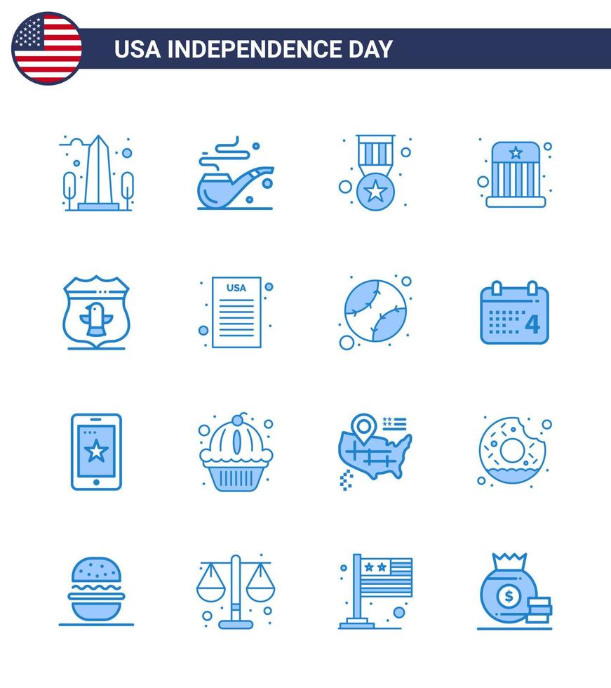 usa joyeux jour de l'indépendance ensemble de pictogrammes de 16 simples blues of usa hat award kids circus modifiables usa day vector design elements