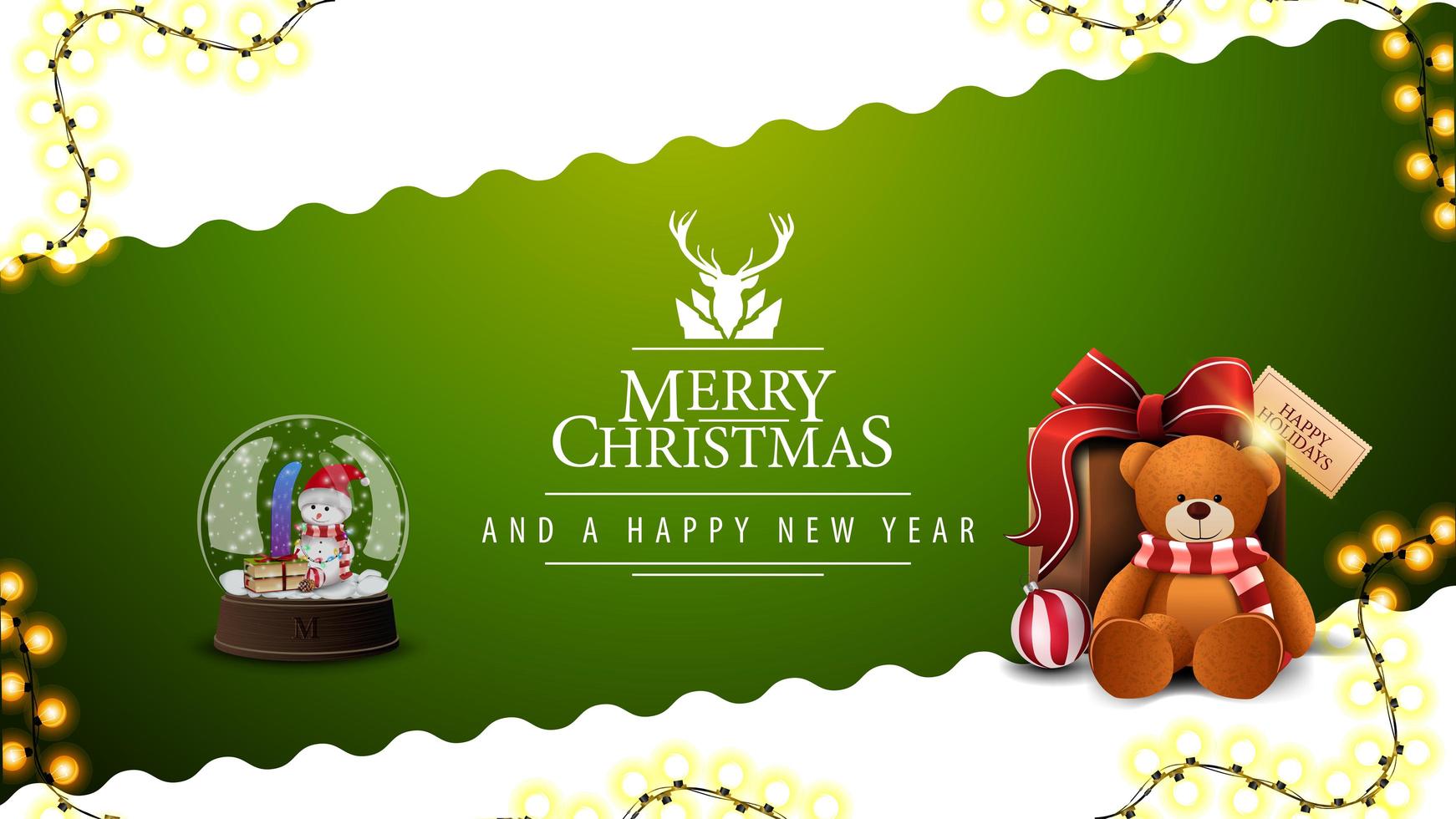Joyeux Noël et bonne année, carte postale verte et blanche avec ligne diagonale ondulée, guirlande, logo de voeux avec cerf, boule à neige et cadeau avec ours en peluche vecteur