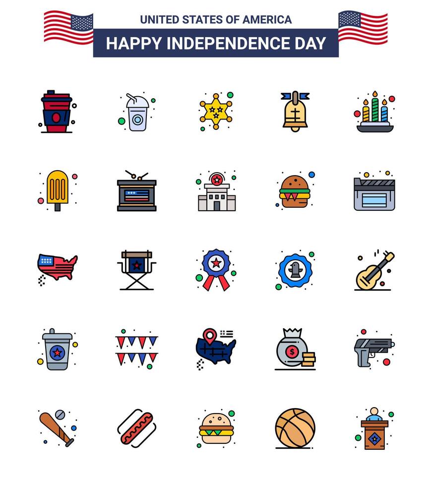 joyeux jour de l'indépendance 25 pack d'icônes de lignes remplies à plat pour le web et l'impression fire usa badge boule américaine modifiable usa day vector design elements