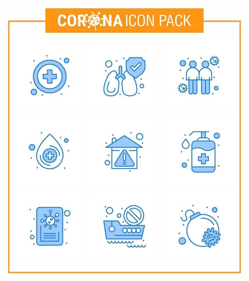 9 pack d'icônes corona virus viral bleu tel que rester à la maison prévenir l'hygiène tactile coronavirus viral médical 2019nov éléments de conception de vecteur de maladie
