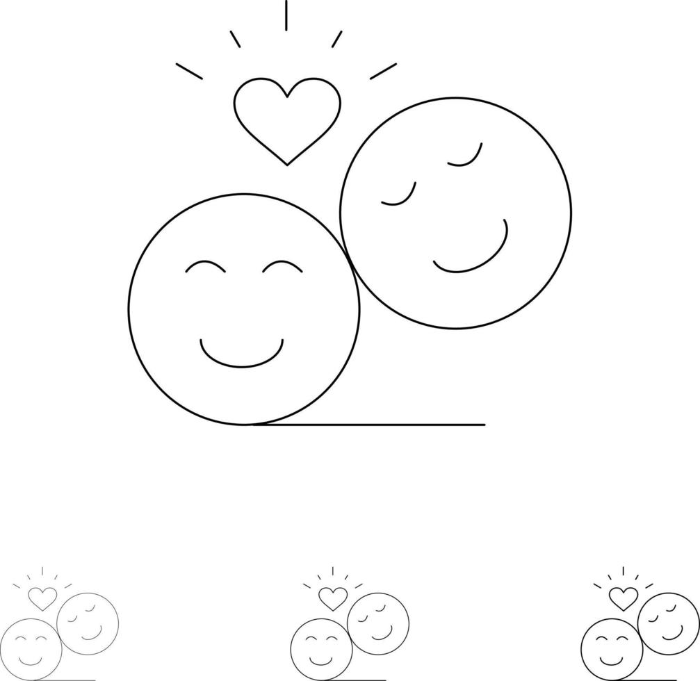 couple avatar smiley visages emojis valentine gras et mince ligne noire jeu d'icônes vecteur