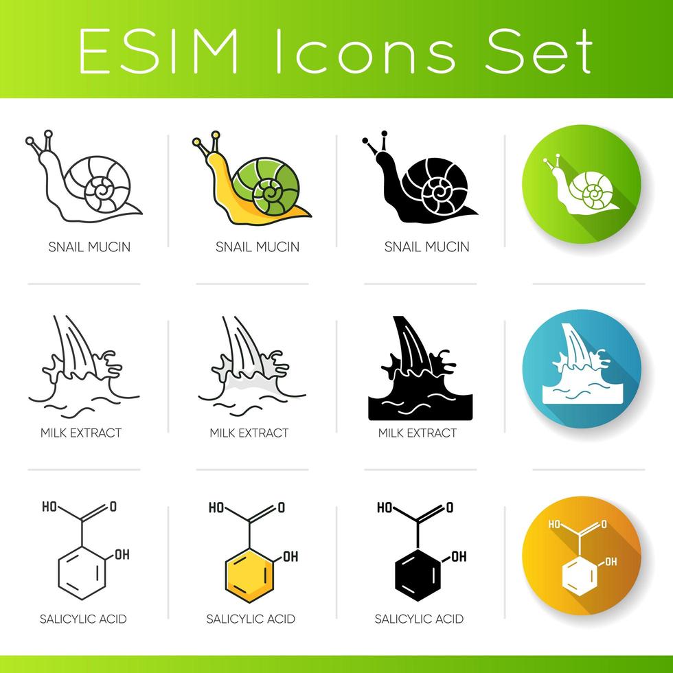 ensemble d'icônes d'ingrédients cosmétiques. mucine d'escargot. extrait de lait. acide salicylique. formule chimique. vecteur