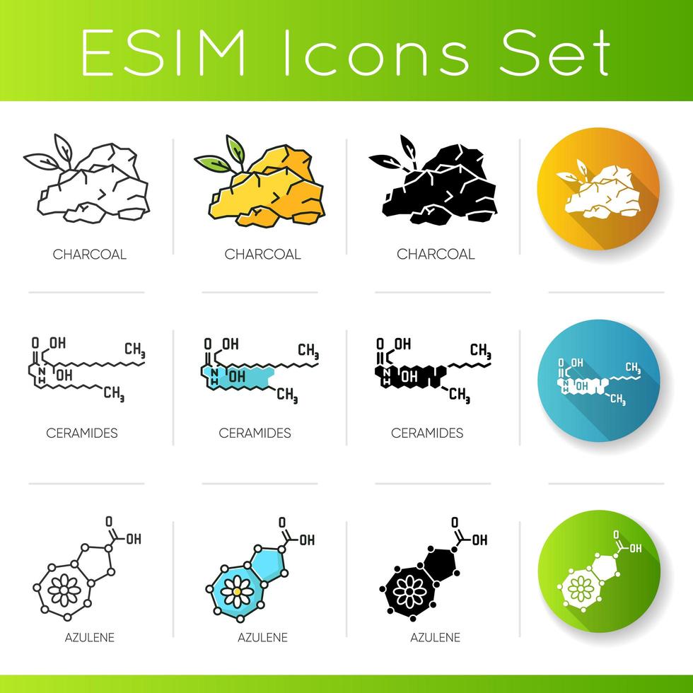 ensemble d'icônes d'ingrédients cosmétiques. composant organique de charbon de bois. formule céramide. composé azulène. vecteur
