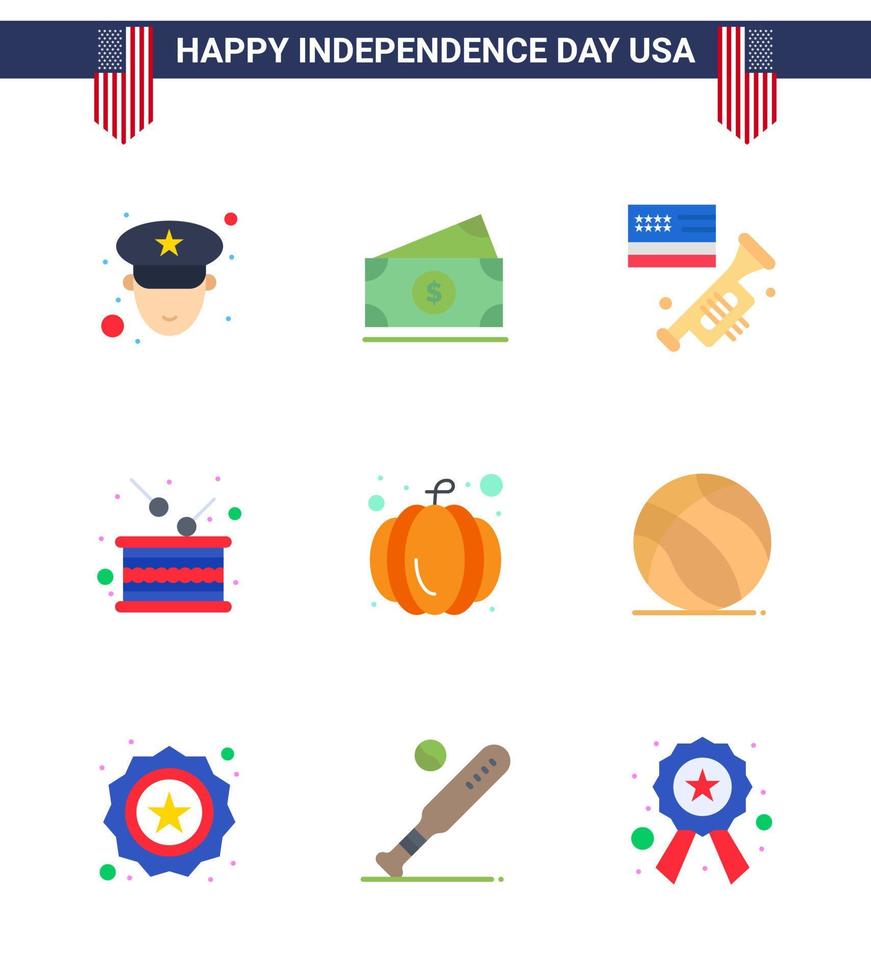 usa joyeux jour de l'indépendancepictogramme ensemble de 9 appartements simples de citrouille indépendance haut-parleur indépendance tambour modifiable usa day vector design elements