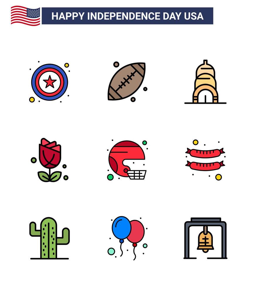 9 usa plat rempli ligne pack de signes et symboles de la fête de l'indépendance du sport football bâtiment américain usa modifiable usa day vector design elements
