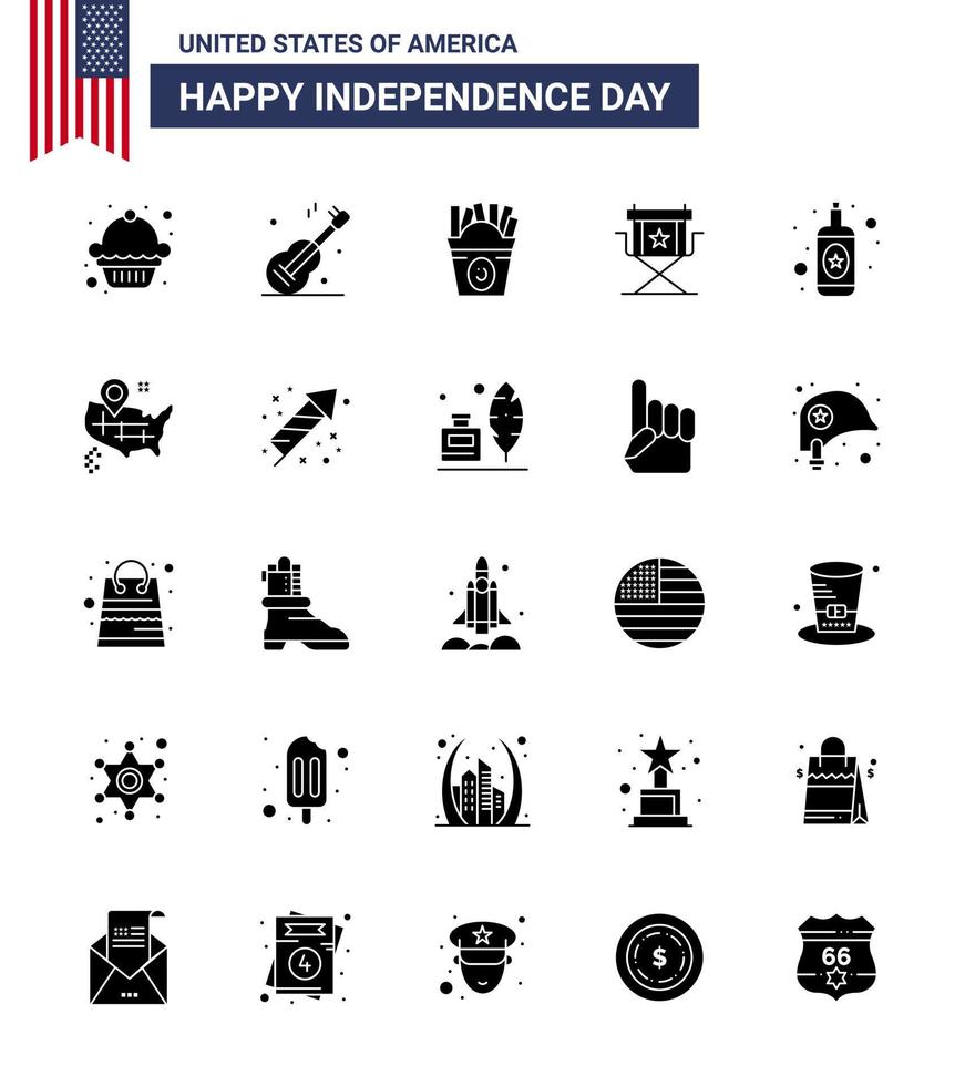 ensemble de 25 glyphes solides vectoriels le 4 juillet fête de l'indépendance des états-unis tels que bouteille télévision fastfood star directeur modifiable usa day vector design elements