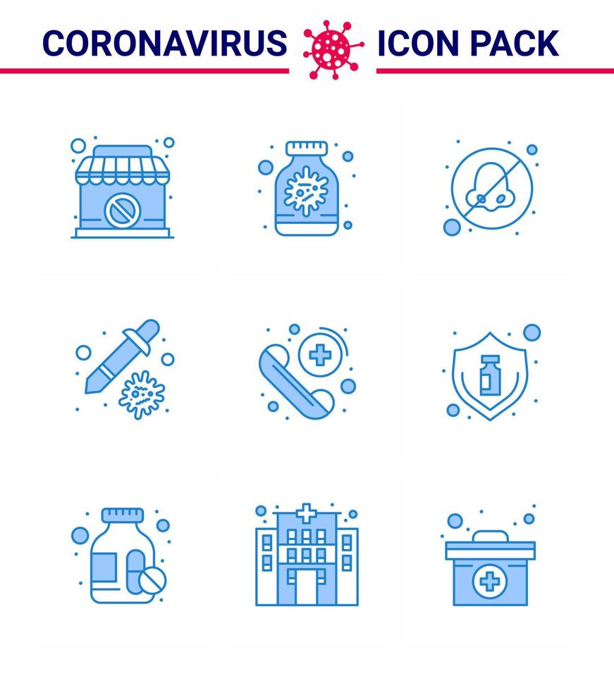 virus corona maladie 9 pack d'icônes bleues sucer comme virus d'urgence respirer pipette compte-gouttes coronavirus viral 2019nov éléments de conception de vecteur de maladie