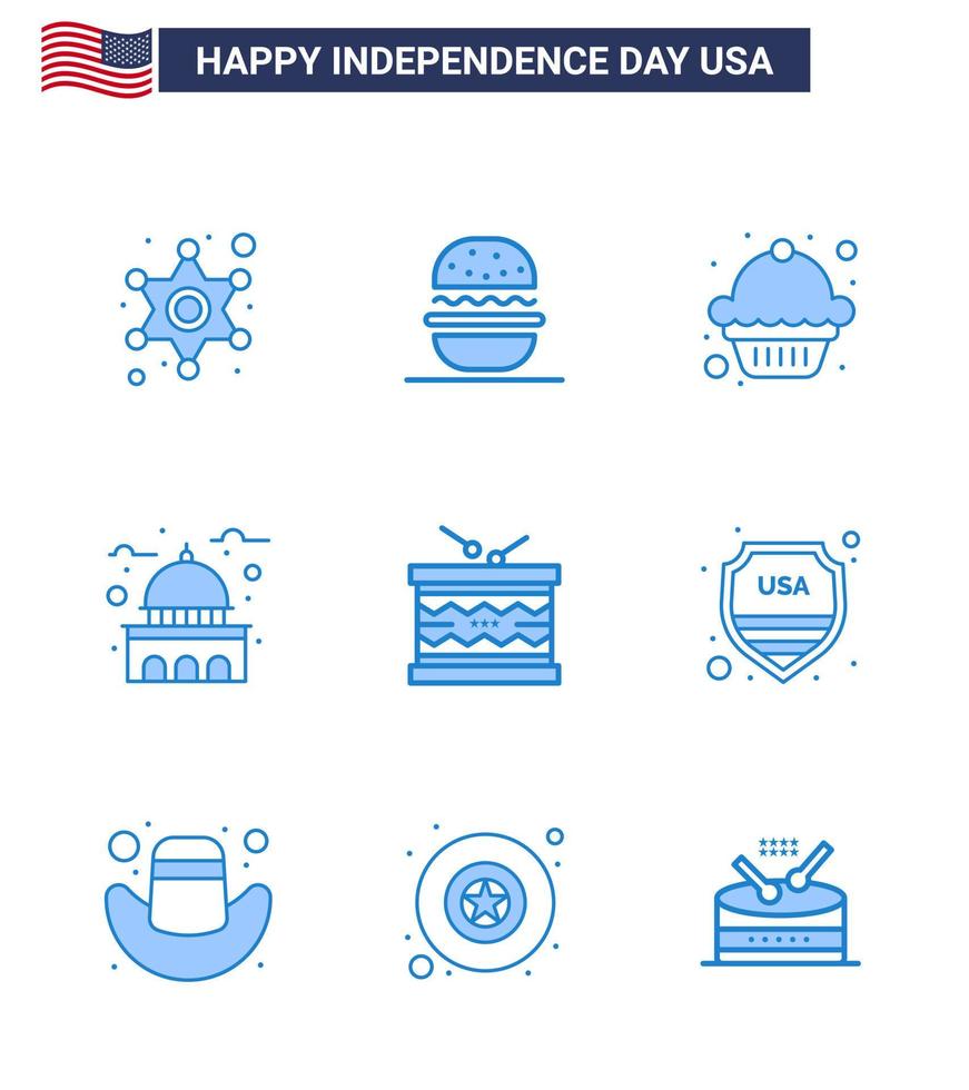 joyeux jour de l'indépendance 4 juillet ensemble de 9 blues américain pictogramme d'instrument blanc gâteau usa maison modifiable usa day vector design elements