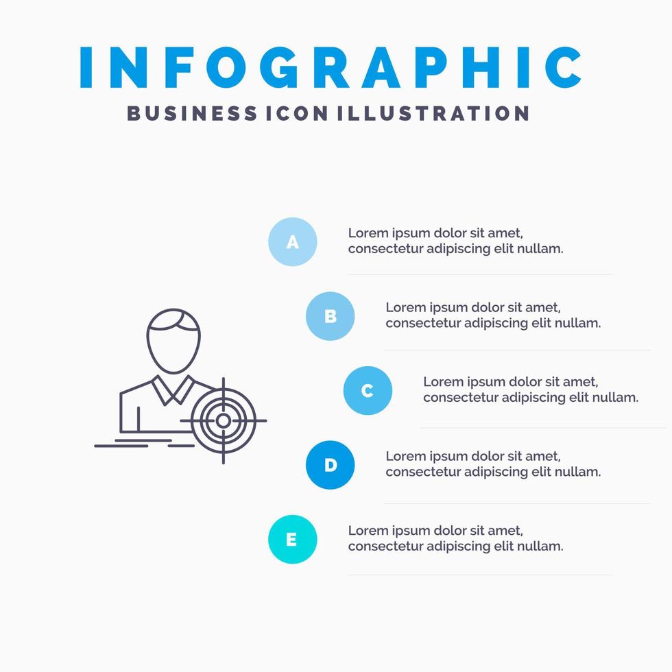 icône de ligne d'objectif cible de mise au point de l'homme avec fond d'infographie de présentation en 5 étapes vecteur