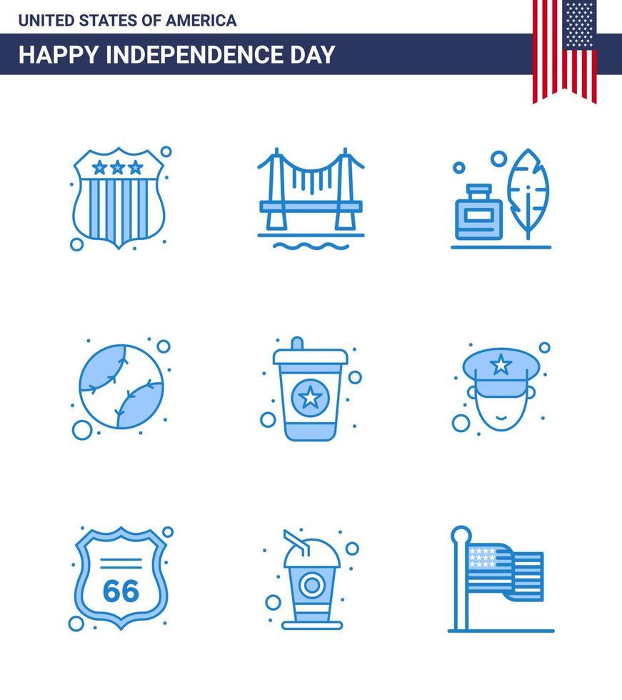 4 juillet usa joyeux jour de l'indépendance icône symboles groupe de 9 blues moderne de soda boisson plume baseball uni modifiable usa day vector design elements