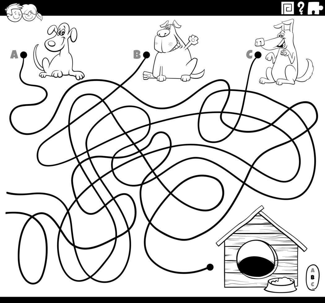 Labyrinthe avec des chiens et une maison de chien page de livre de coloriage vecteur