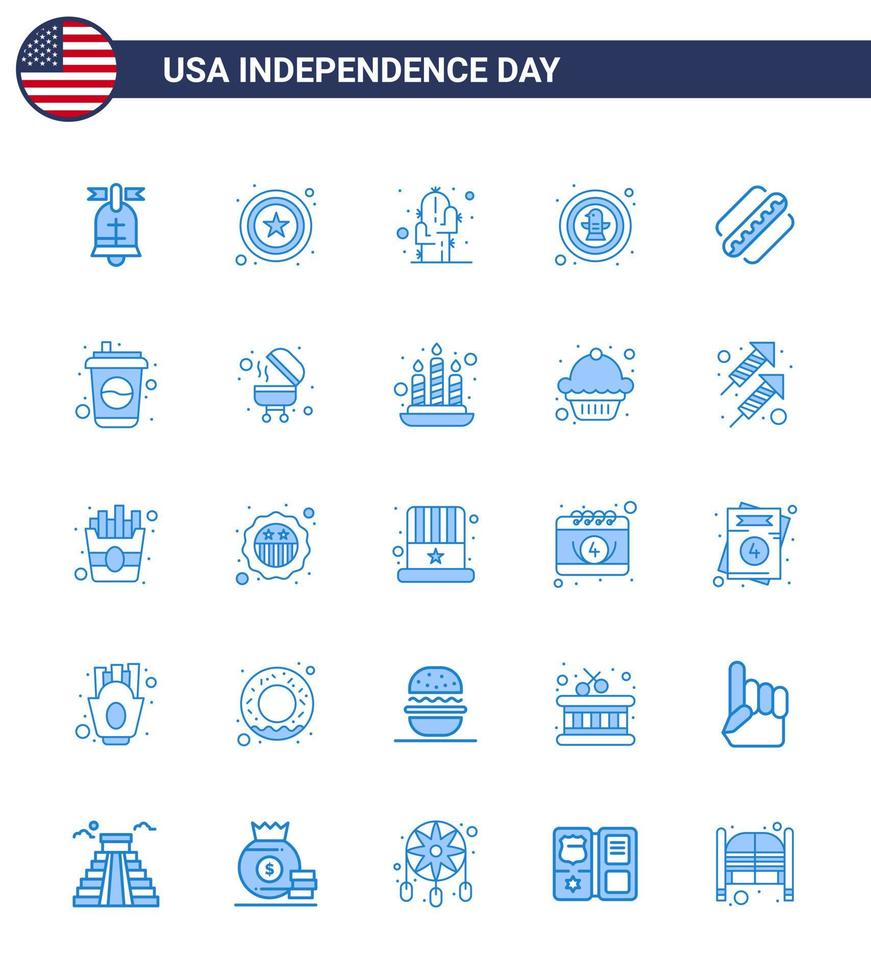 pack de 25 signes de blues de célébration de la fête de l'indépendance des états-unis et symboles du 4 juillet tels que l'insigne américain fleur aigle oiseau modifiable usa day vector design elements