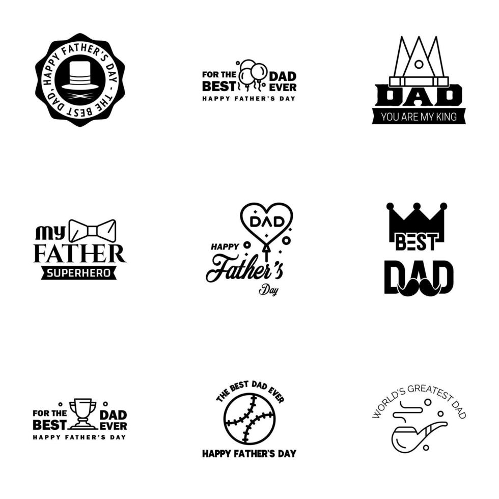 bonne fête des pères voeux main lettrage badges 9 noir faute de frappe isolé sur blanc typographie modèle de conception pour affiche bannière carte cadeau t shirt impression étiquette autocollant rétro vintage style vecteur il