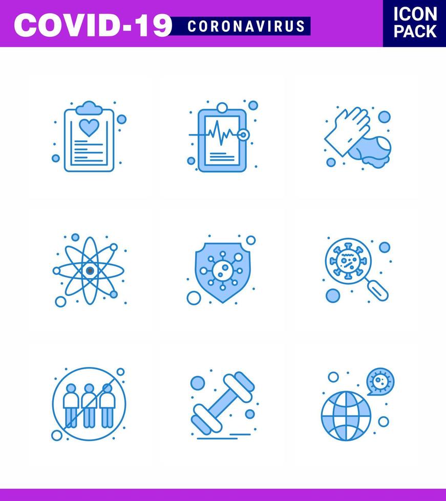 coronavirus 9 icône bleue sur le thème de l'épidémie corona contient des icônes telles que la science de la protection laboratoire de dossiers médicaux lavage coronavirus viral 2019nov éléments de conception de vecteur de maladie
