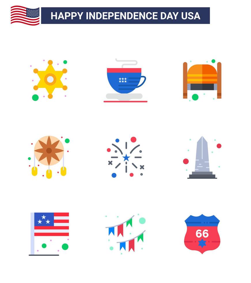 joyeux jour de l'indépendance 9 appartements pack d'icônes pour le web et l'impression fire western portes dream catcher parure modifiable usa day vector design elements