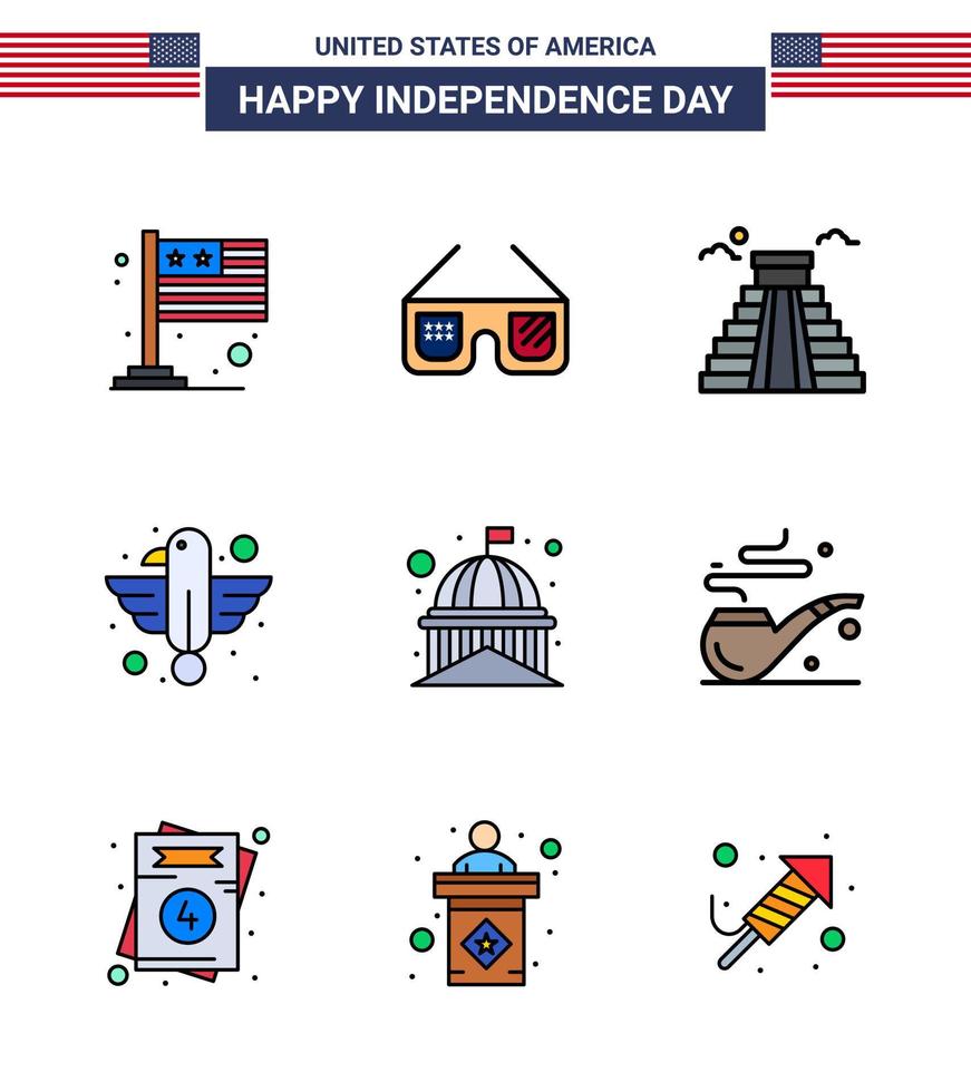 joyeux jour de l'indépendance 4 juillet ensemble de 9 lignes plates remplies pictogramme américain de bâtiment aigle bâtiment oiseau américain modifiable usa day vector design elements