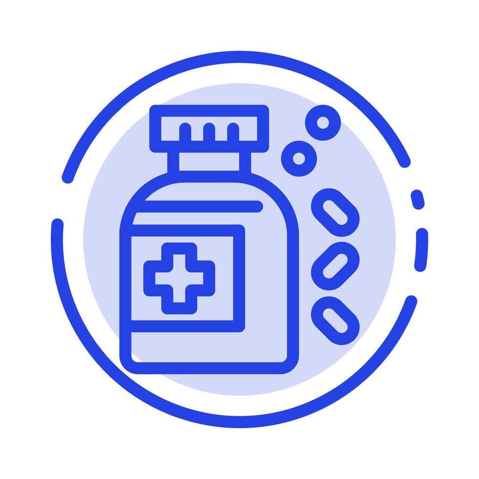 bouteille médecine comprimé bleu ligne pointillée icône ligne vecteur