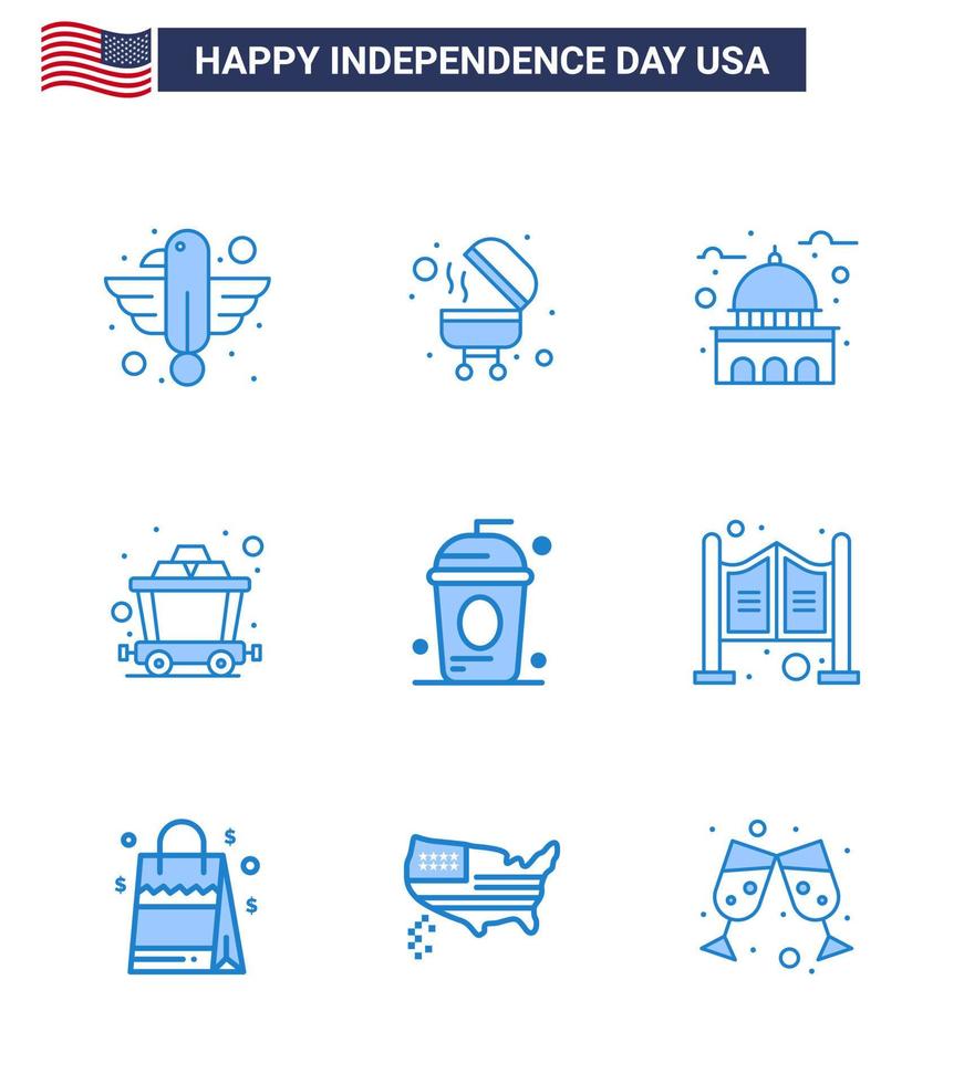 pack bleu de 9 symboles de la fête de l'indépendance des états-unis de cole rail building mine blanc modifiable usa day vector design elements