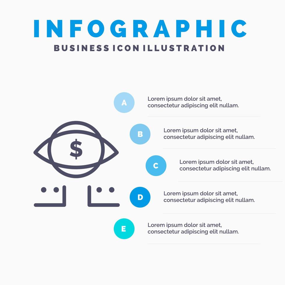 icône de ligne numérique marketing oeil dollar avec 5 étapes présentation infographie fond vecteur