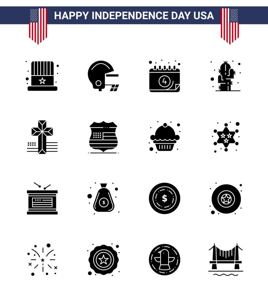 16 usa glyphe solide signes célébration de la fête de l'indépendance symboles de l'église calendrier américain fleur du désert éléments de conception vectoriels modifiables usa day vecteur