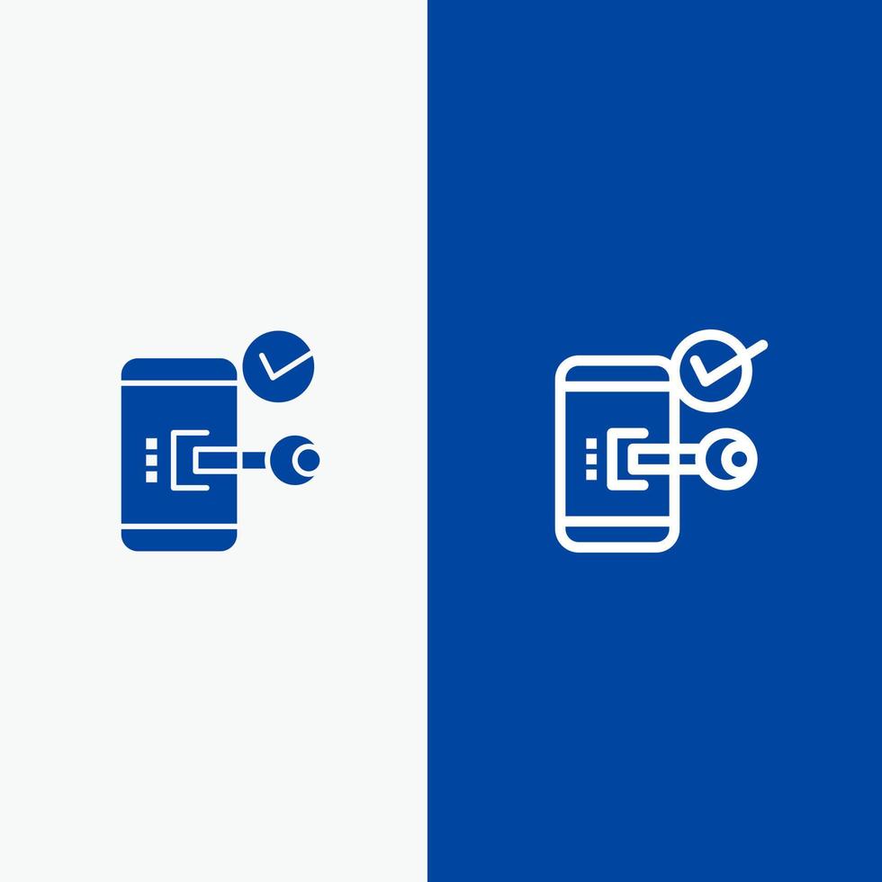 serrure à clé mobile téléphone ouvert ligne de sécurité et glyphe icône solide bannière bleue ligne et glyphe icône solide bannière bleue vecteur