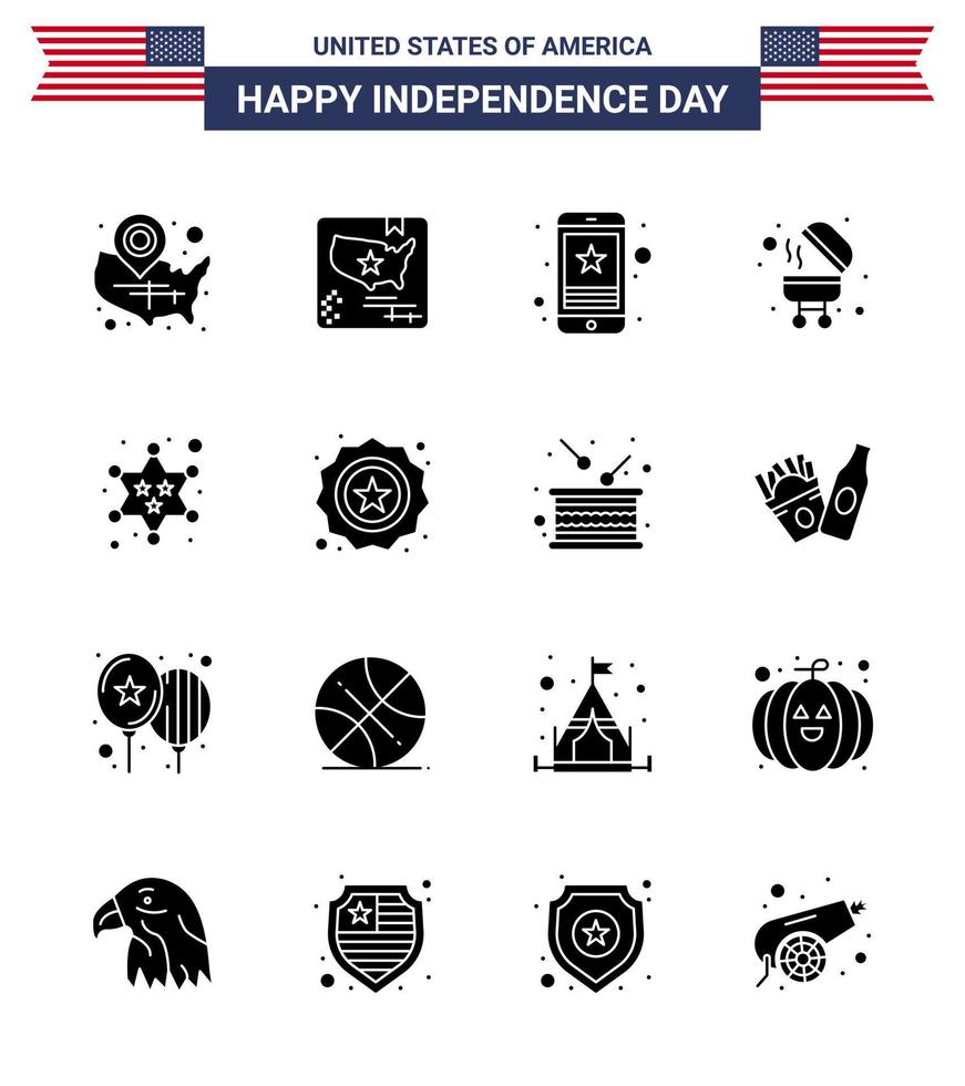 16 icônes créatives des états-unis signes d'indépendance modernes et symboles du 4 juillet de l'insigne bbq world barbecue mobile modifiable usa day vector design elements