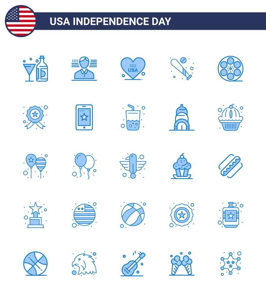 4 juillet usa joyeux jour de l'indépendance icône symboles groupe de 25 blues moderne de movis sport coeur chauve-souris balle modifiable usa day vector design elements