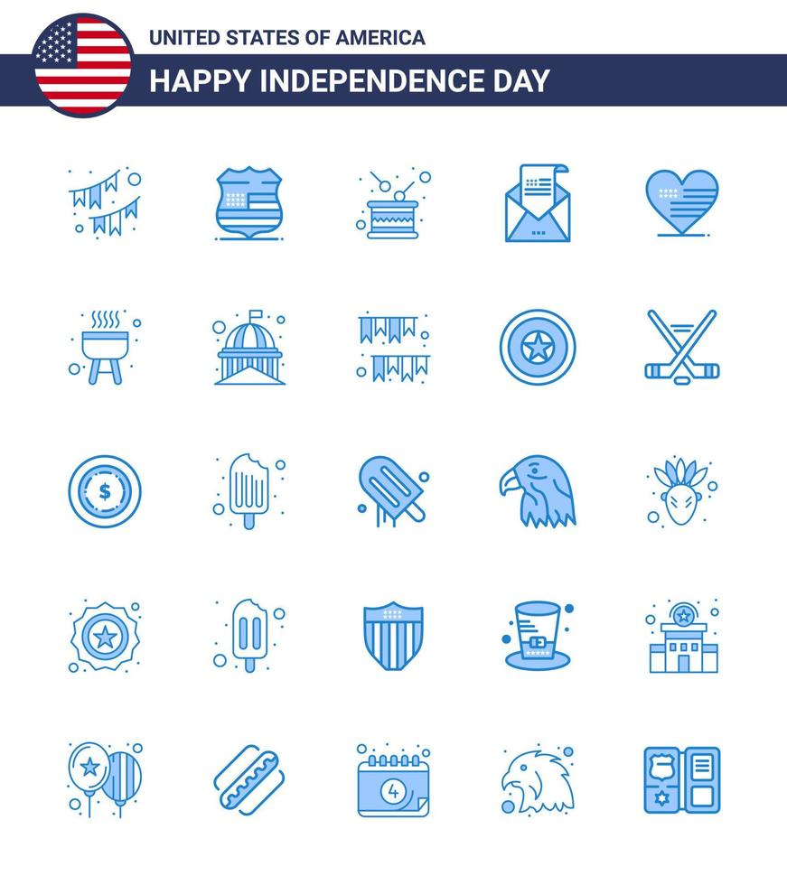 usa joyeux jour de l'indépendance ensemble de pictogrammes de 25 blues simples d'enveloppe d'invitation sécurité email indépendance modifiable usa day vector design elements