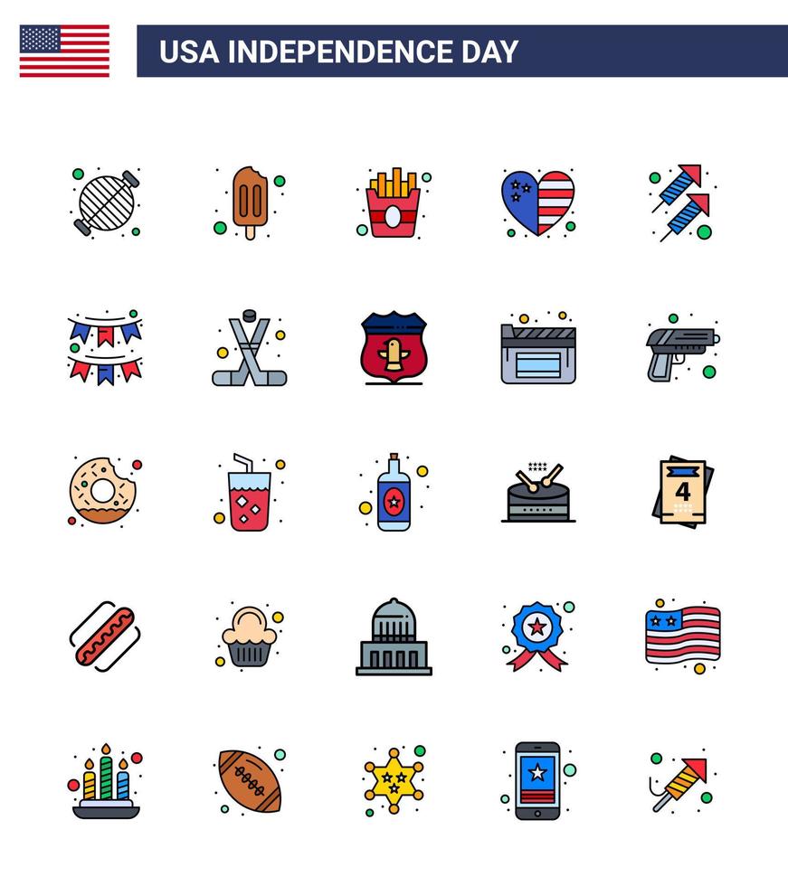 joyeux jour de l'indépendance 4 juillet ensemble de 25 lignes remplies à plat pictogramme américain de célébration de feu d'artifice rapide usa pays modifiable usa day vector design elements