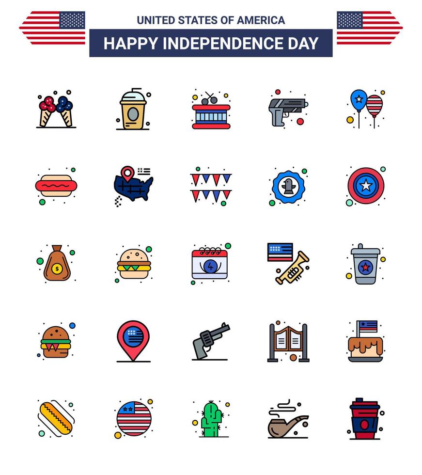 joyeux jour de l'indépendance pack de 25 signes et symboles de lignes remplies à plat pour célébrer l'indépendance de l'arme vecteur