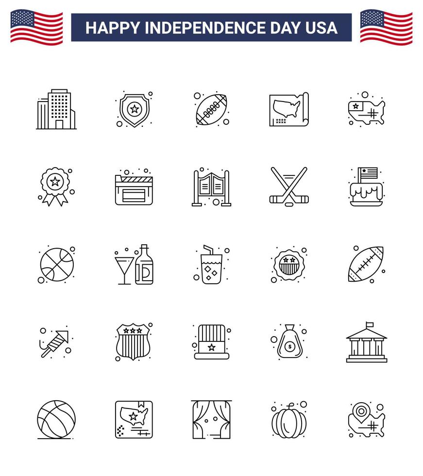 joyeux jour de l'indépendance 25 lignes pack d'icônes pour le web et l'impression jour de l'indépendance vacances rugby usa états modifiables usa day vector design elements