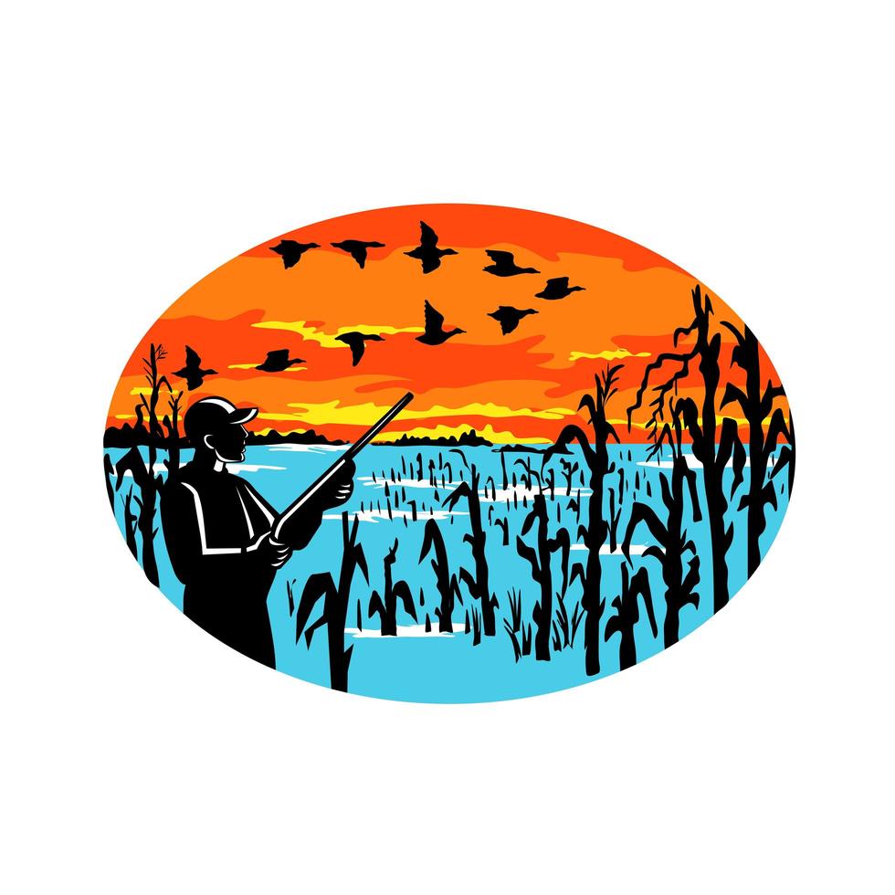 chasseur de canard inondé champ de maïs ovale rétro vecteur