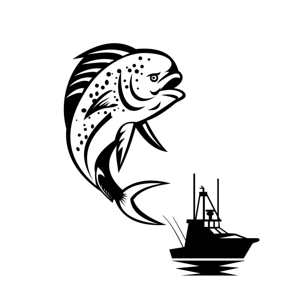 Pompano Dolphinfish sautant avec bateau de pêche en arrière-plan rétro noir et blanc vecteur