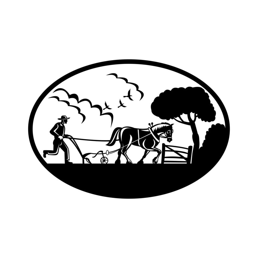 Agriculteur labourant le champ de la ferme rétro gravure sur bois ovale noir et blanc vecteur