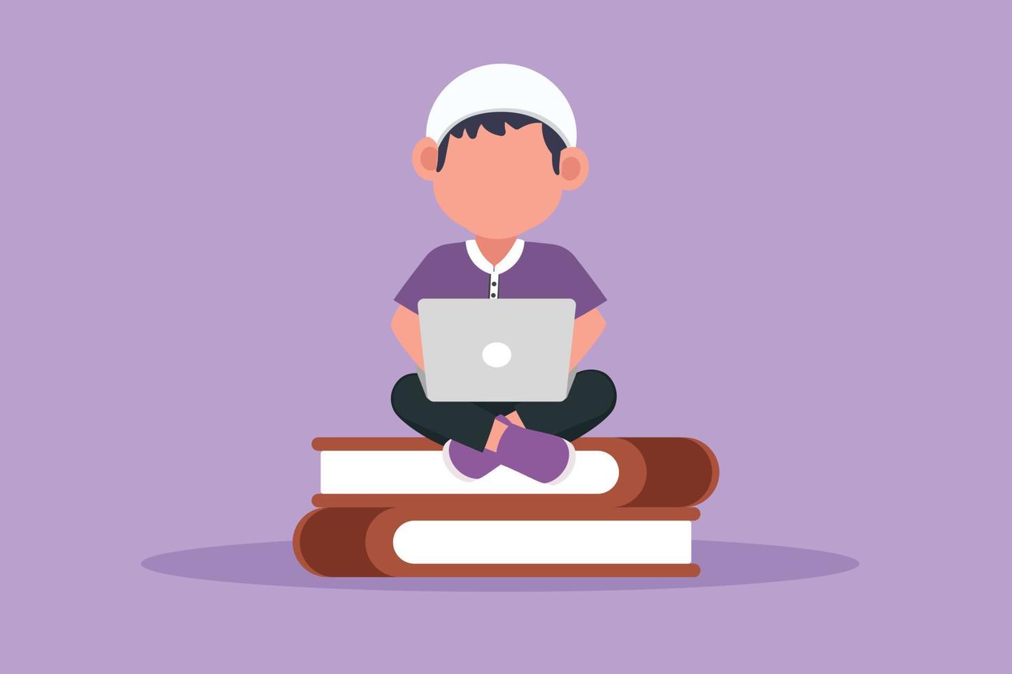 dessin de style plat de dessin animé mignon petit garçon arabe tapant sur un ordinateur portable sur ses genoux et assis sur une pile de gros livre. étudiant étudiant l'apprentissage ou l'éducation en ligne. illustration vectorielle de conception graphique vecteur