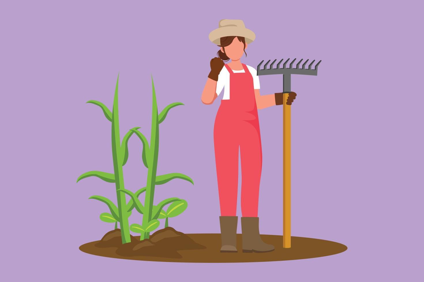 personnage plat dessinant une agricultrice debout avec un geste de célébration, portant un chapeau de paille, portant un râteau pour planter des cultures ou récolter des terres agricoles. ouvrier agricole rural. illustration vectorielle de dessin animé vecteur