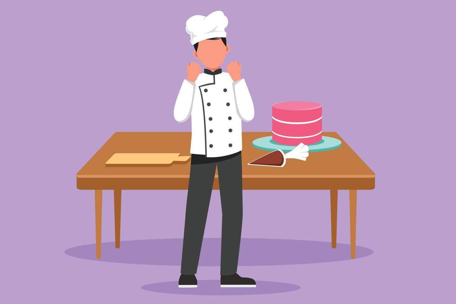 dessin de style plat de dessin animé chef heureux debout avec le geste de célébration et l'uniforme de cuisine préparer l'ingrédient pour cuisiner les meilleurs plats. chef masculin avec un gâteau sucré sur la table. illustration vectorielle de conception graphique vecteur