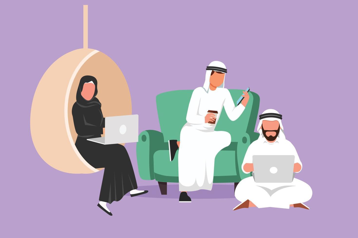 groupe de dessin plat de caractère de personnes arabes avec ordinateur portable à la maison. homme sur un canapé, homme assis sur le sol, femme assise sur une balançoire, tapant ou étudiant ensemble. illustration vectorielle de dessin animé vecteur