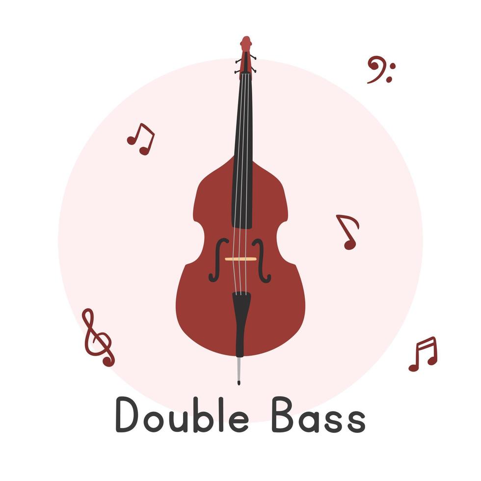 style de dessin animé clipart contrebasse. contrebasse brune mignonne simple, basse à cordes, violon de basse, illustration de vecteur plat d'instrument à cordes de violon de taureau. instruments à cordes style doodle dessiné à la main