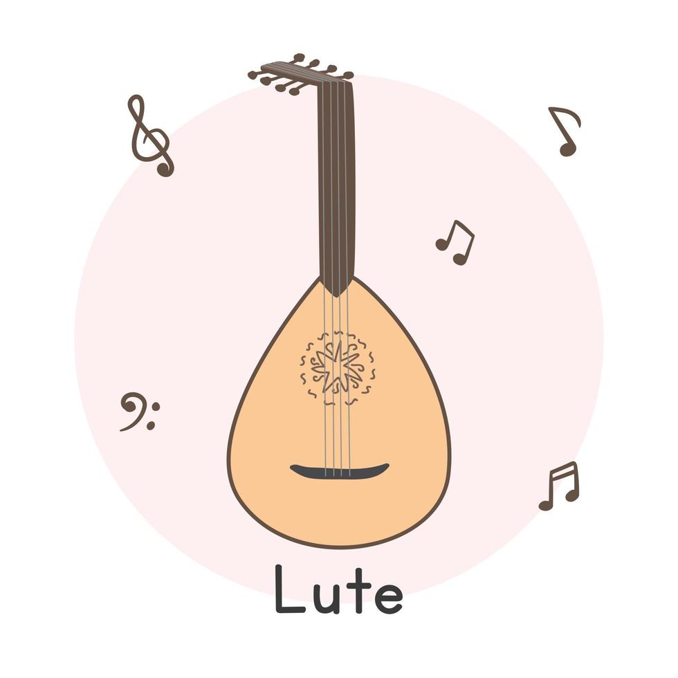 style de dessin animé clipart oud. illustration vectorielle plane d'instrument de musique à cordes du moyen-orient luth brun mignon simple. instrument à cordes luth style doodle dessiné à la main. conception de vecteur de luth en bois