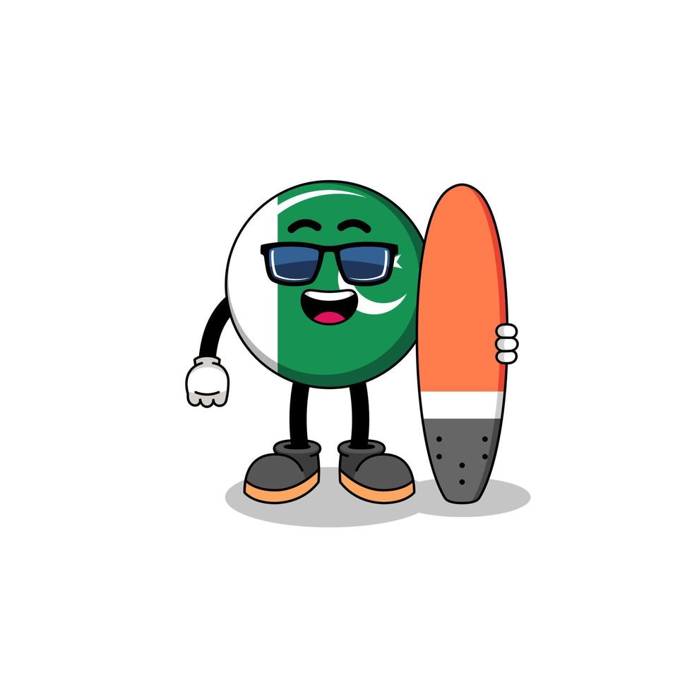 caricature de mascotte du drapeau du pakistan en tant que surfeur vecteur